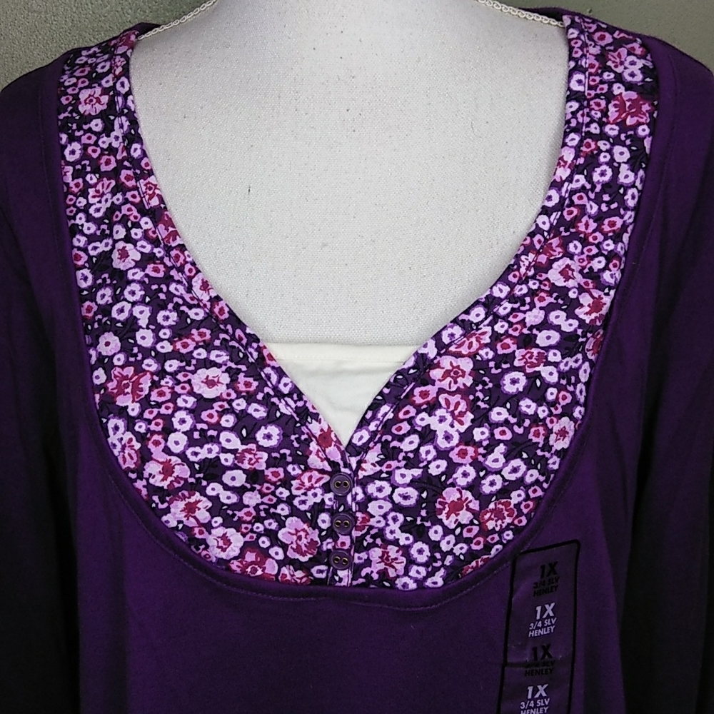 Purple Henley Style 3/4 Sleeve Layer Look Top with Floral Accents 1X NWT